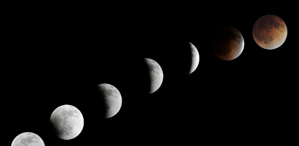 15.abr.2014 - Imagem combinada mostra as fases de eclipse lunar em Las Vegas, Nevada, Estados Unidos