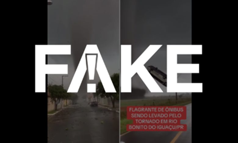 É #FAKE vídeo que mostra ônibus 'voando' durante passagem de tornado no Paraná; cena foi criada com inteligência artificial