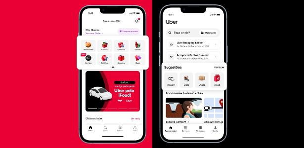 Interface do iFood com possibilidade de chamar corrida da Uber; e interface do iFood com aba para fazer pedidos no iFood