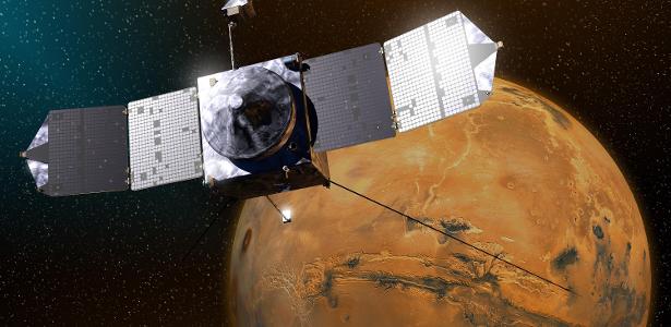 Ilustração retrata a espaçonave MAVEN (Mars Atmosphere and Volatile Evolution) da NASA próxima a Marte