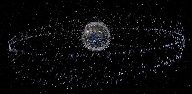 Impressão artística de satélites rodeando o planeta Terra