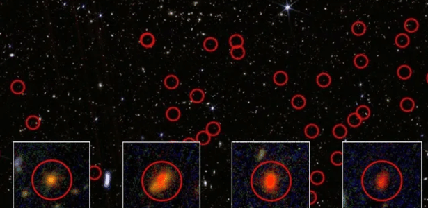 Amostra dos pequenos pontos vermelhos circulados detectados pelo Telescópio Espacial James Webb
