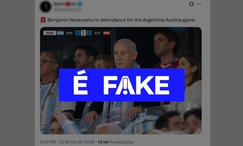 É #FAKE foto de Benjamin Netanyahu na arquibancada de Argentina x Áustria na Copa do Mundo; imagem foi feita com IA