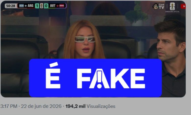 É #FAKE que foto mostre Shakira com Piqué na arquibancada de Argentina x Áustria na Copa; imagem foi manipulada por IA
