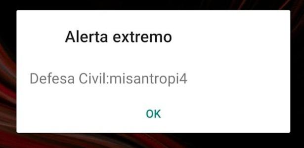 Alerta extremo recebido por celular em SP