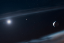 15.jul.26 - Representação artística retrata o sistema planetário Beta Pictoris com o exoplaneta gigante recém-descoberto, Beta Pictoris d, à direita