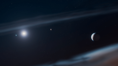 15.jul.26 - Representação artística retrata o sistema planetário Beta Pictoris com o exoplaneta gigante recém-descoberto, Beta Pictoris d, à direita
