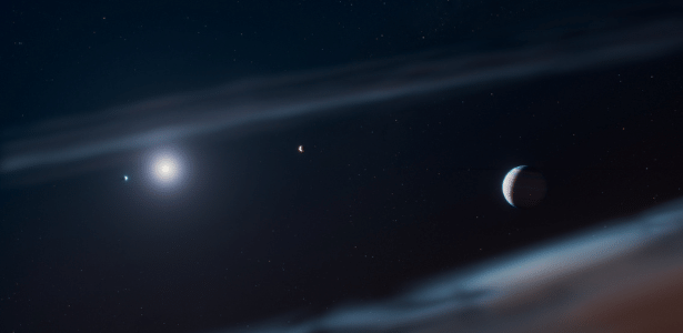 15.jul.26 - Representação artística retrata o sistema planetário Beta Pictoris com o exoplaneta gigante recém-descoberto, Beta Pictoris d, à direita