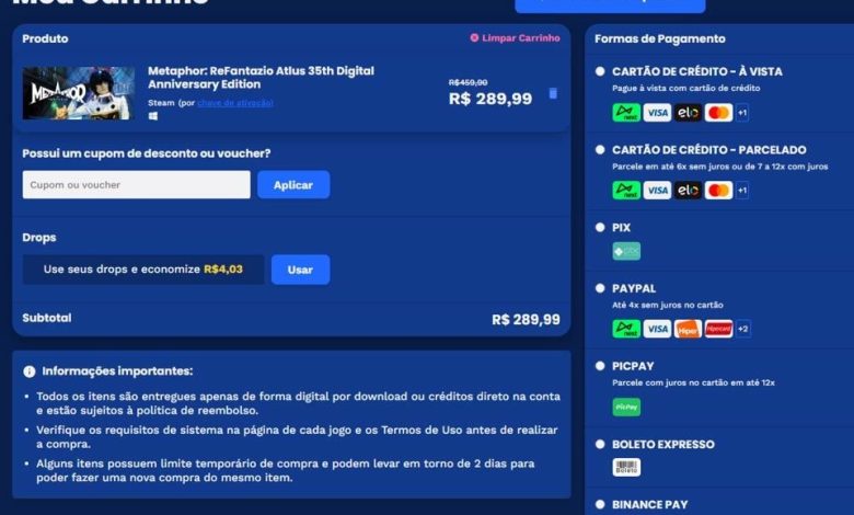 Carrinho de compras da Nuuvem com opções de pagamento