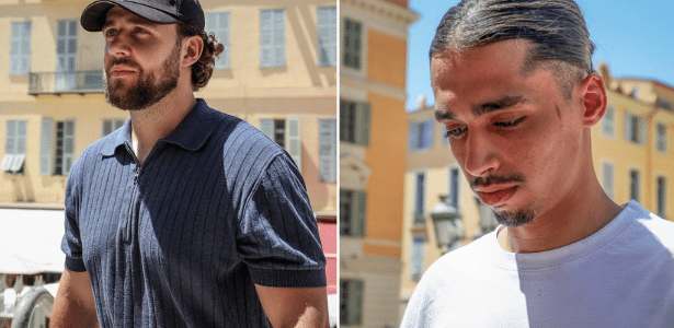 06.jul.26 - Os streamers Owen Cenazandotti (à esquerda) e Safine Hamadi (à direita), julgados na França por violência praticada em grupo e incitação ao ódio ou à violência