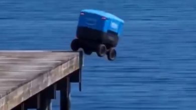 É #FAKE vídeo de robô de entregas da Amazon se jogando no mar