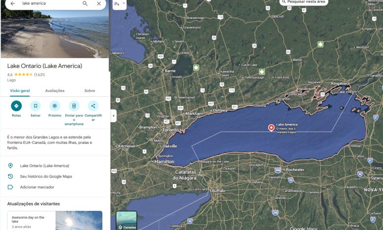 Google Maps muda nome do Lago Ontário para 'Lago América' nos EUA