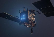 Concepção artística da visão traseira da sonda Hayabusa2, da Jaxa, a agência espacial japonesa