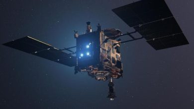 Concepção artística da visão traseira da sonda Hayabusa2, da Jaxa, a agência espacial japonesa