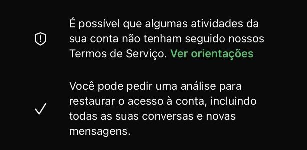 Mensagem de bloqueio do WhatsApp apareceu para vários usuários hoje, 3 de agosto